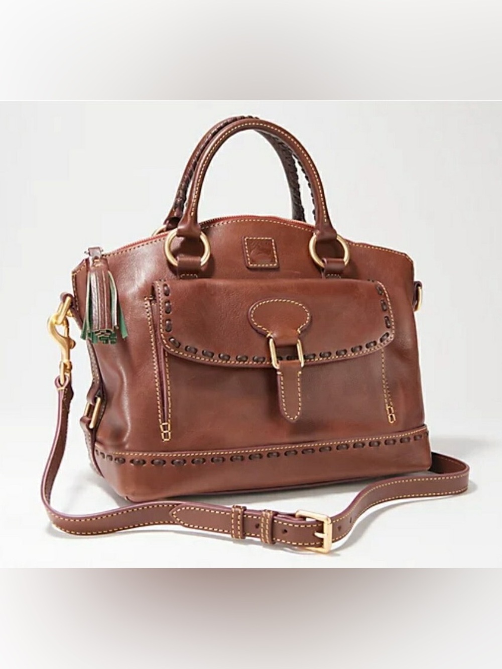 Dooney & Bourke Florentine Leather Pocket Satchel Handbag - Chestnut Brown